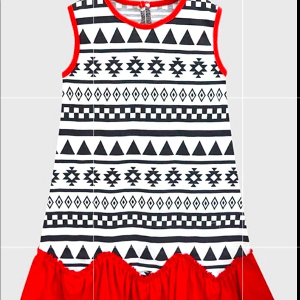 Black & Red Geometric RuffleHem Sleeveless Dress